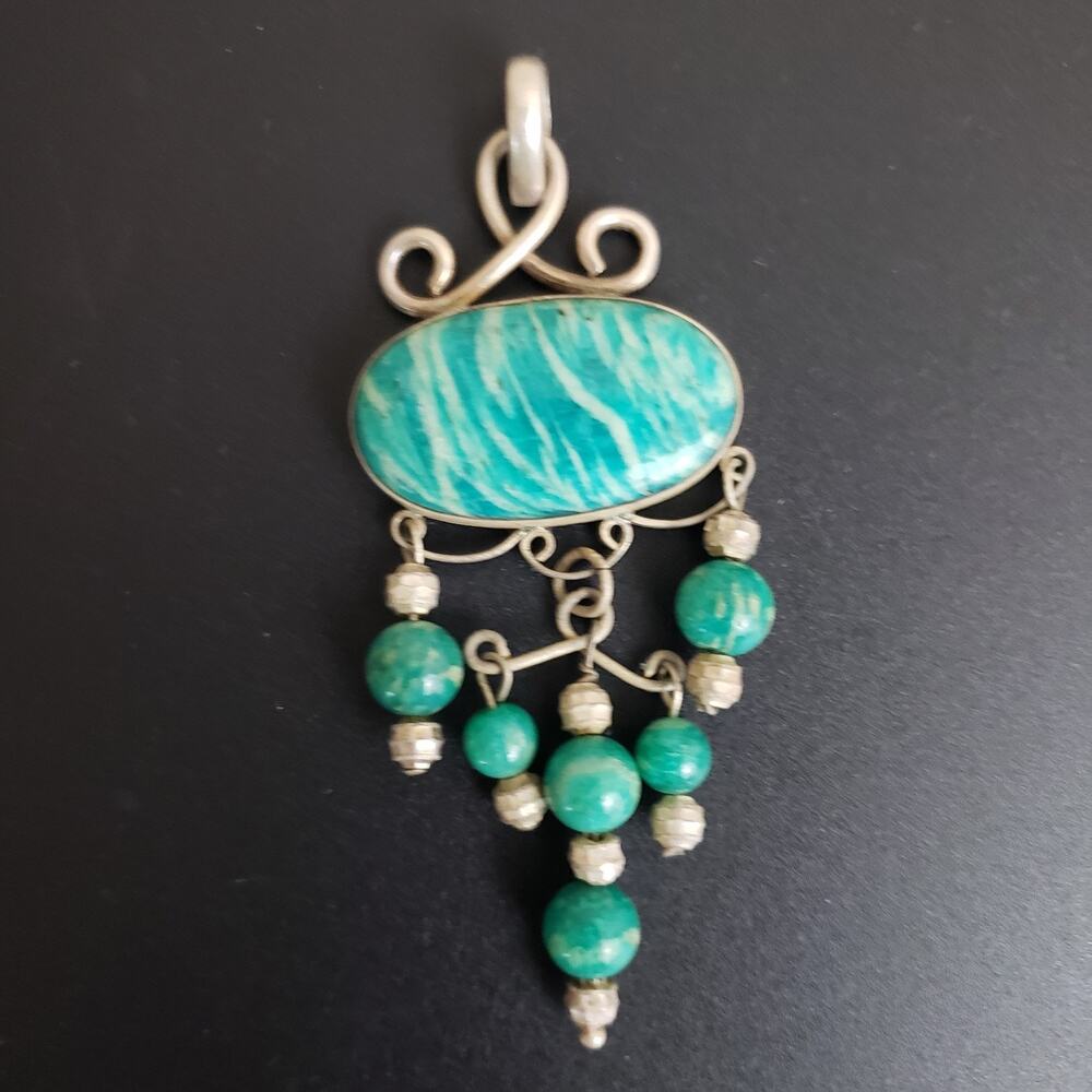 Amazonite & Sterling‎ Silver Pendant. Large 1.25" Wide x 3" Long. Artisan Made
